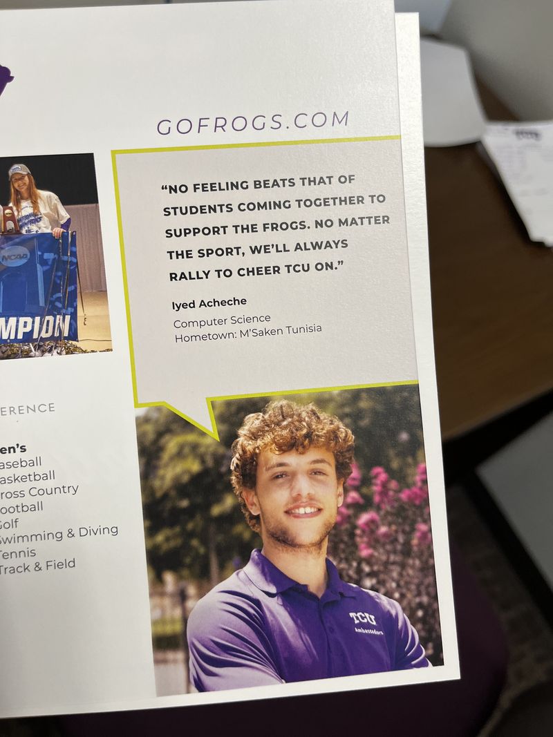 A TCU athletics publication with a quote and photo of Iyed