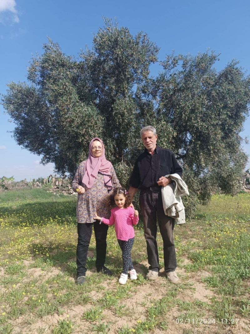 A family standing in front of a large olive tree in Tunisia